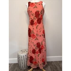 Vintage Y2K DBY Ltd Coral Red Rose Chiffon Maxi Dress Bias Cut Slip Style 90s